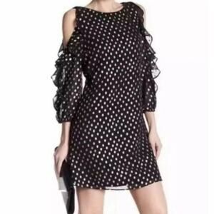 Eliza J polka dot slit ruffle sleeve gold black datenight Glam cocktail dress 2